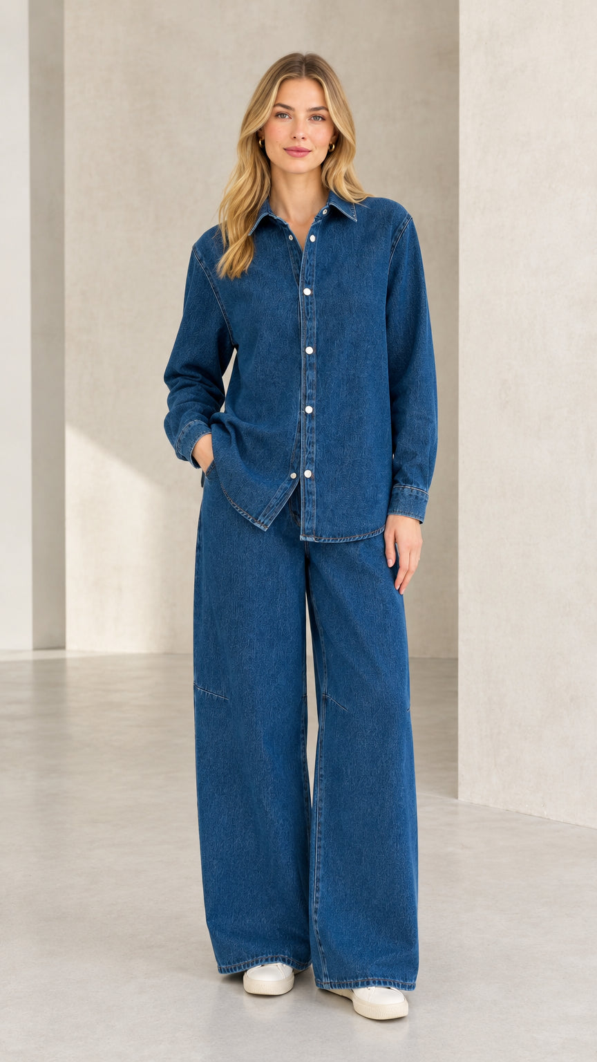Front view of model wearing the classic blue denim button-down shirt and wide-leg pants set