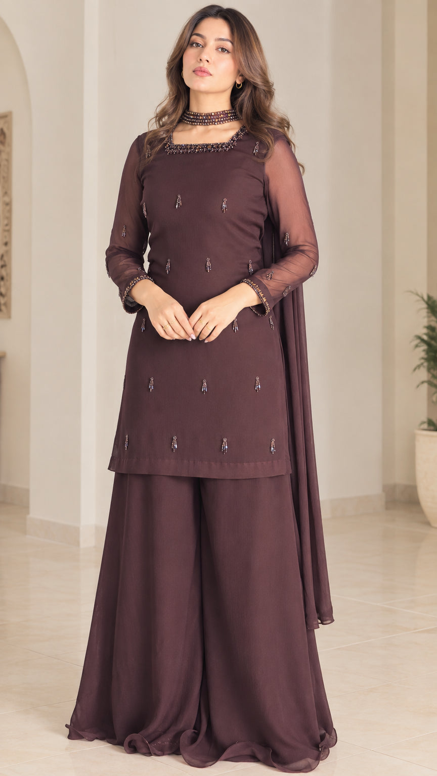 Chocolate brown embellished tunic and wide-leg sharara pants 3-piece set front view