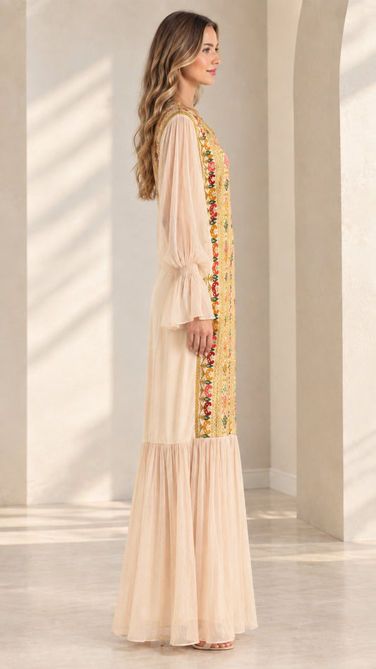 Side view of ivory V-neck maxi dress with flowing tiered hem