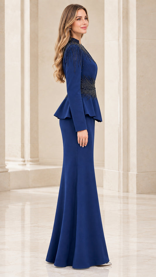 Side profile view of royal blue formal peplum trumpet dress