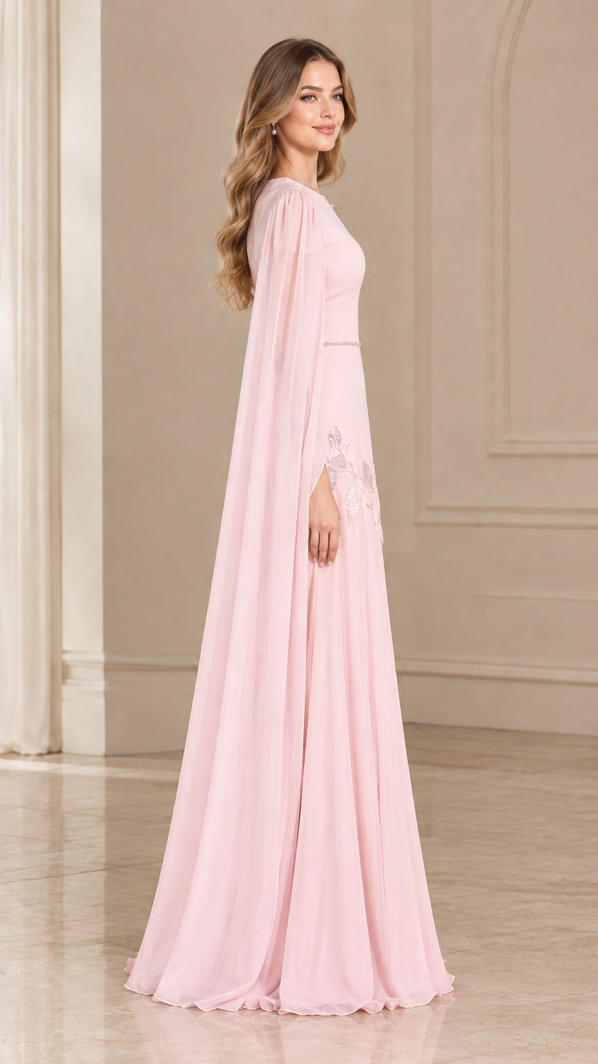 Side profile of Blush Pink cape sleeve formal gown showing flowing silhouette