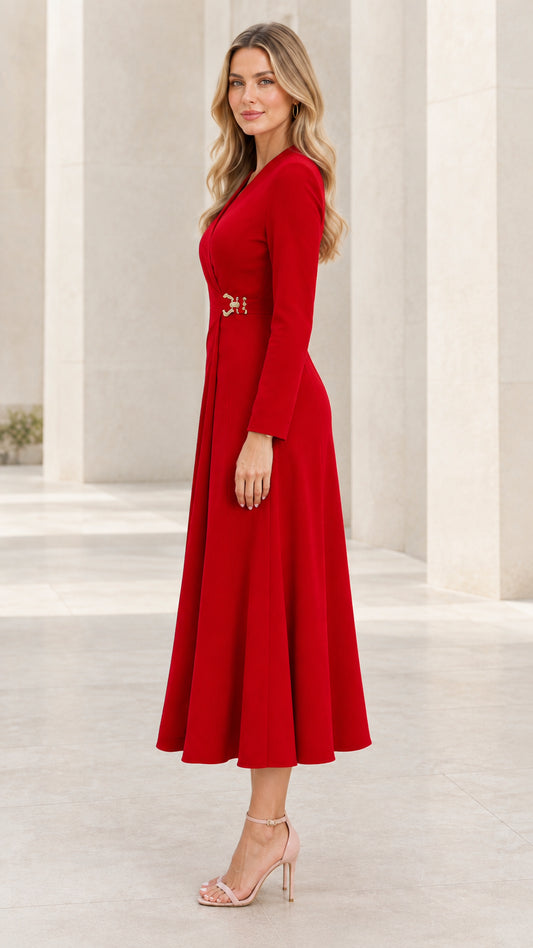 Side angle view of woman modeling red long sleeve A-line midi dress