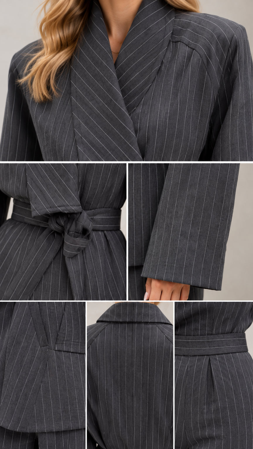 Close-up details of collar, belt tie, cuff, and seams of charcoal pinstripe suit