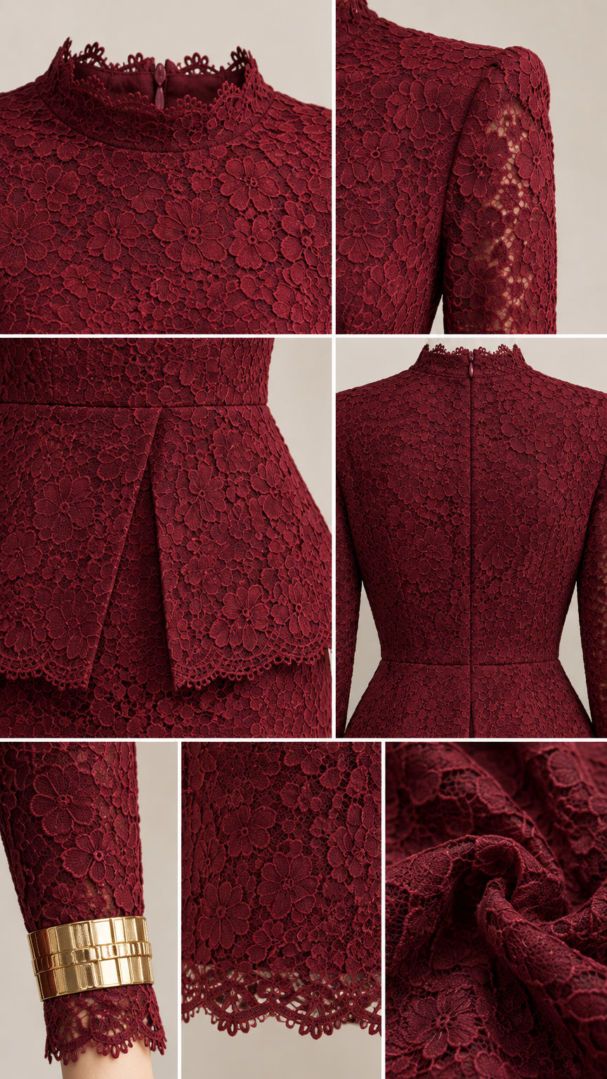 Close-up details of burgundy lace mock neck, peplum pleat, sleeve cuff, and zipper
