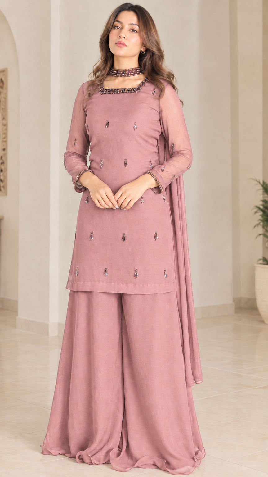 Dusty rose pink embellished tunic and sharara pants set