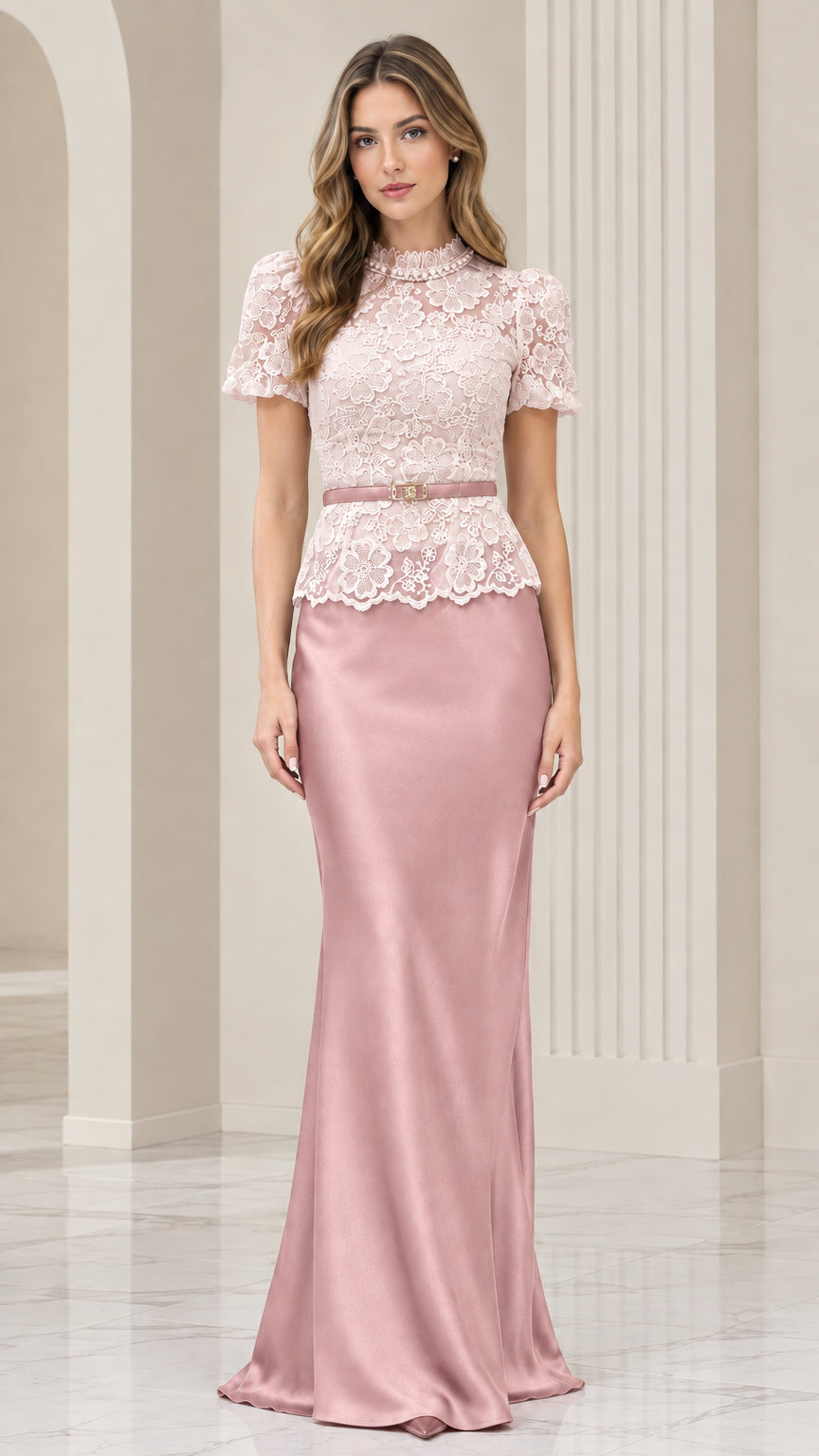 Front view of model wearing blush pink lace mock neck belted satin evening gown