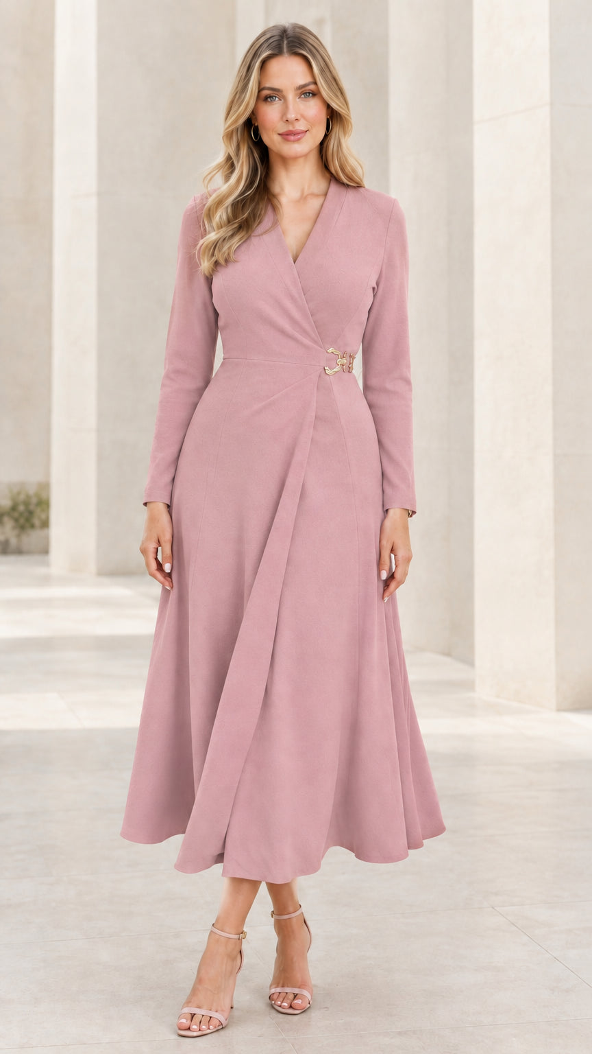 Front view of woman wearing dusty pink long sleeve wrap A-line midi dress