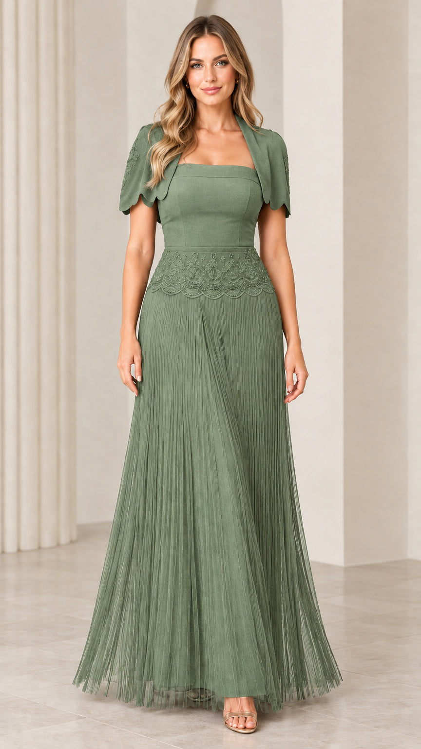 Front view of woman wearing sage green pleated maxi evening dress with matching jacket