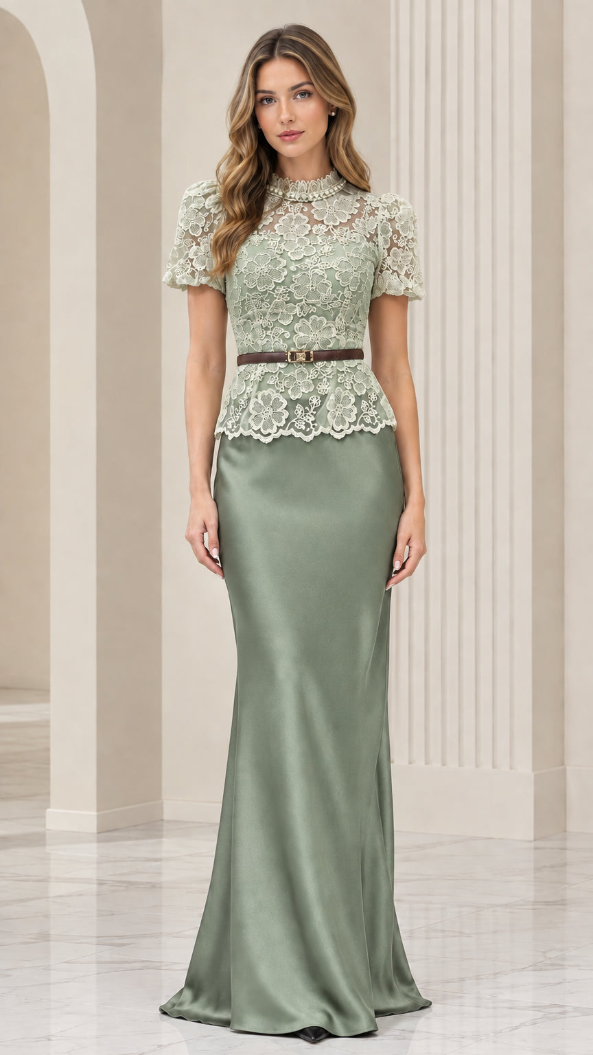 Front view of model wearing sage green lace mock neck belted satin evening gown