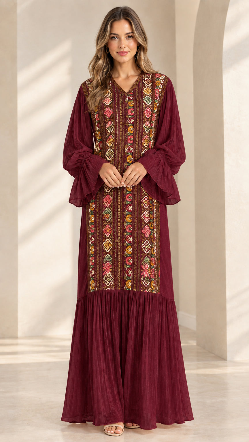 Burgundy embroidered-style panel maxi dress with long flared sleeves