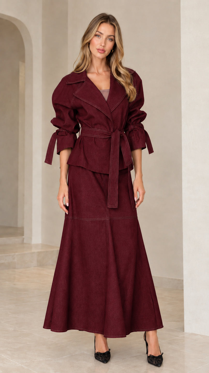 Front view of burgundy red belted lapel jacket and maxi skirt two-piece set