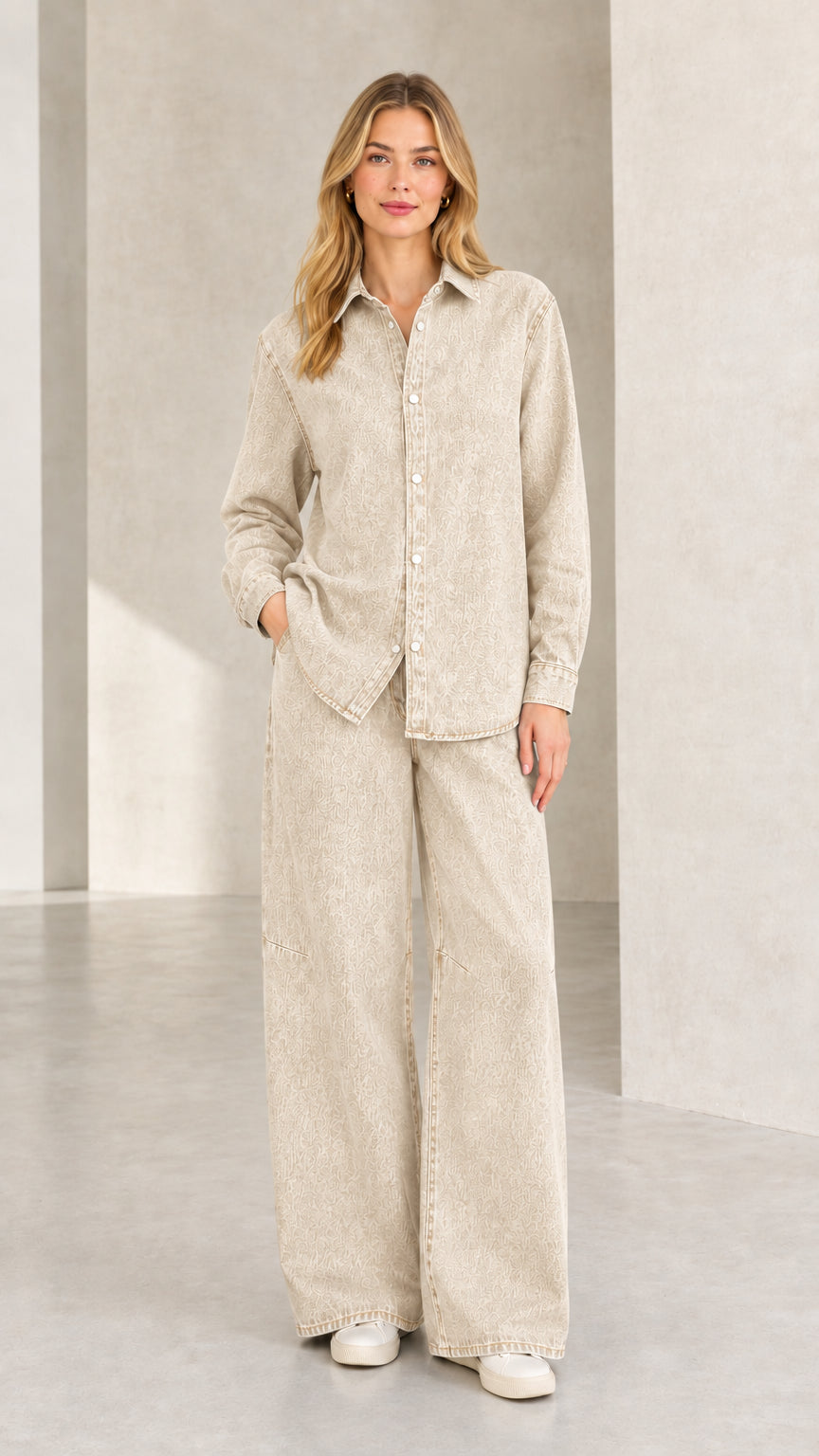 Full front view of beige neutral denim coordinated pant set