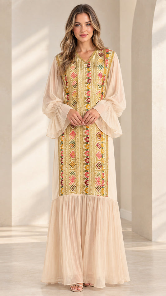 Ivory embroidered-style panel maxi dress with sheer-looking bell sleeves
