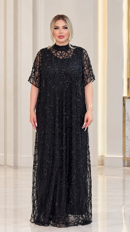 Front view of black beaded high neck short sleeve maxi evening dress