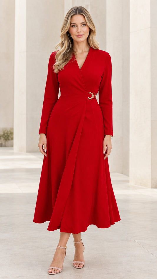 Front view of woman wearing elegant red long sleeve wrap midi dress with side waist buckle