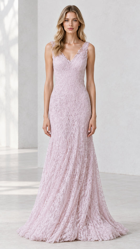 Front view of woman wearing sleeveless lilac textured lace mermaid evening gown