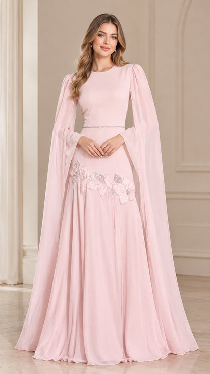 Front view of model wearing Blush Pink floor-length evening gown with long cape sleeves