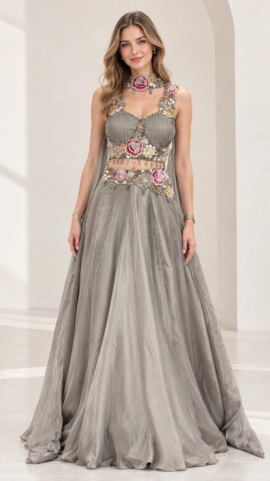 Silver Grey floral embroidered two-piece evening gown bustier and maxi skirt set front view