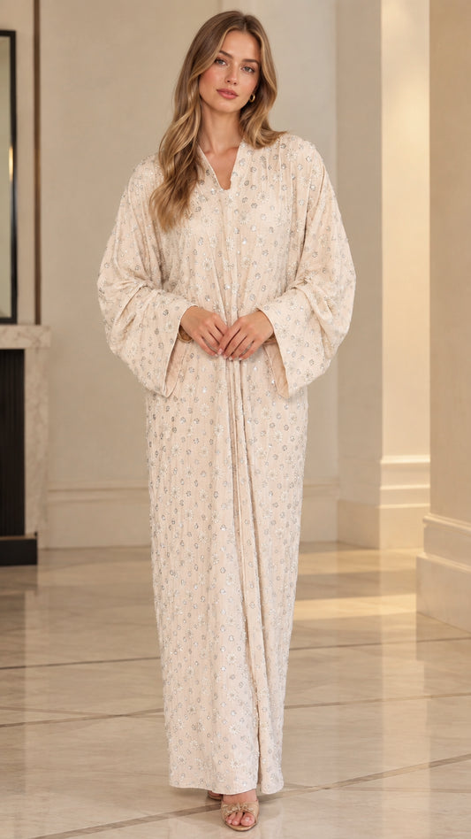 Cream floral sequin embroidered kaftan maxi dress front view on model