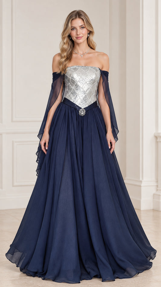Front view of model wearing Navy Blue off-the-shoulder sequin corset evening gown with draped sleeves