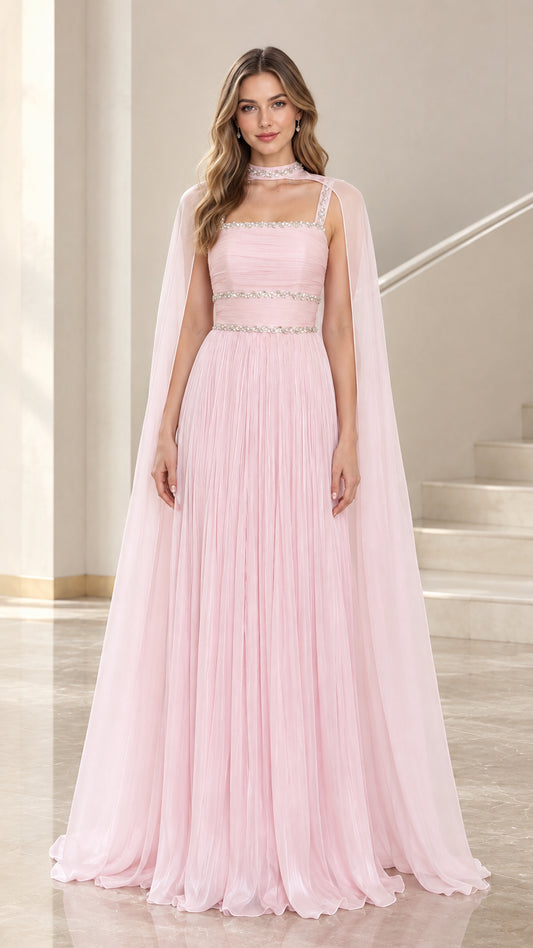 Front view of Light Pink chiffon evening gown with crystal trim and attached cape