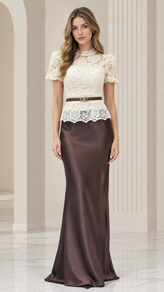 Front view of model wearing chocolate brown and cream lace mock neck evening gown with satin maxi skirt