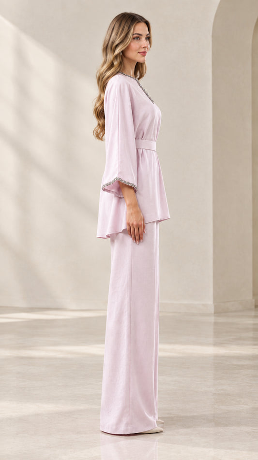Side full-length view of lilac two-piece modest set showing sleek drape and fit