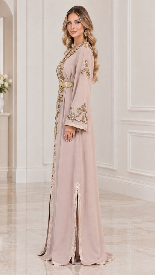 Side profile view of Dusty Pink embroidered kaftan showing side slit and bell sleeve