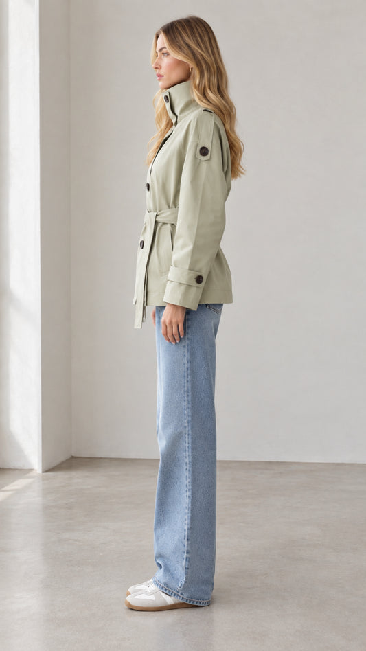 Side profile view of sage green belted short trench jacket