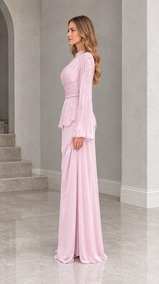 Side view of dusty pink modest floor length formal dress
