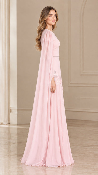 Side profile of Blush Pink cape sleeve formal gown showing flowing silhouette