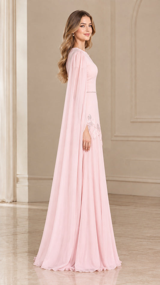 Side profile of Blush Pink cape sleeve formal gown showing flowing silhouette