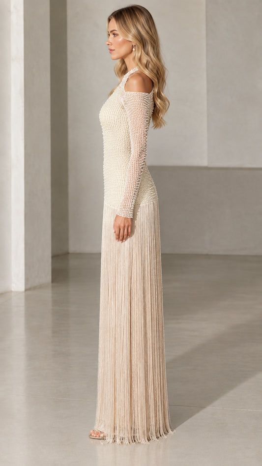 Champagne beaded evening gown with cold shoulder and fringe side view