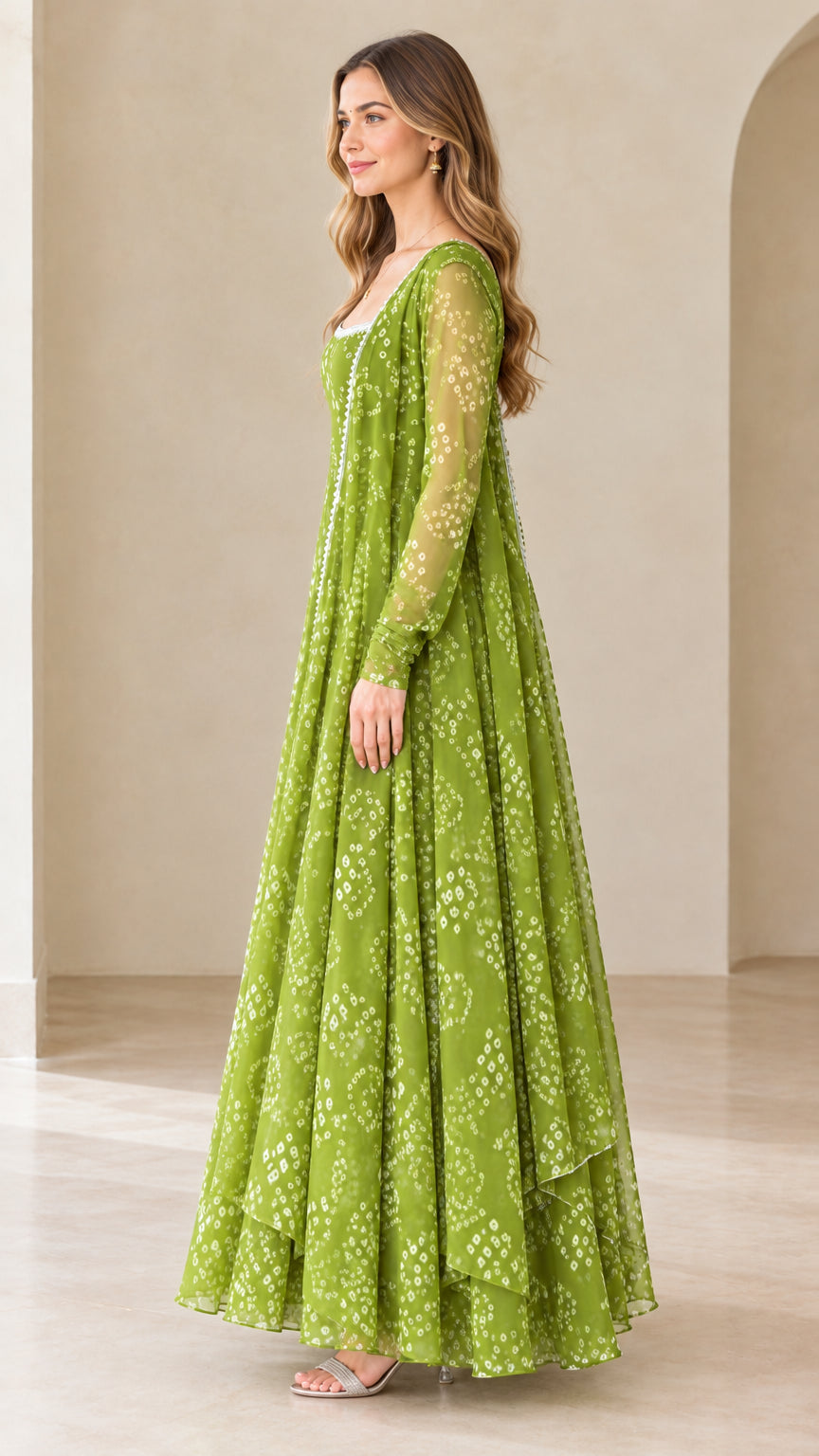 Side angle view of woman in flowing olive green flared anarkali gown