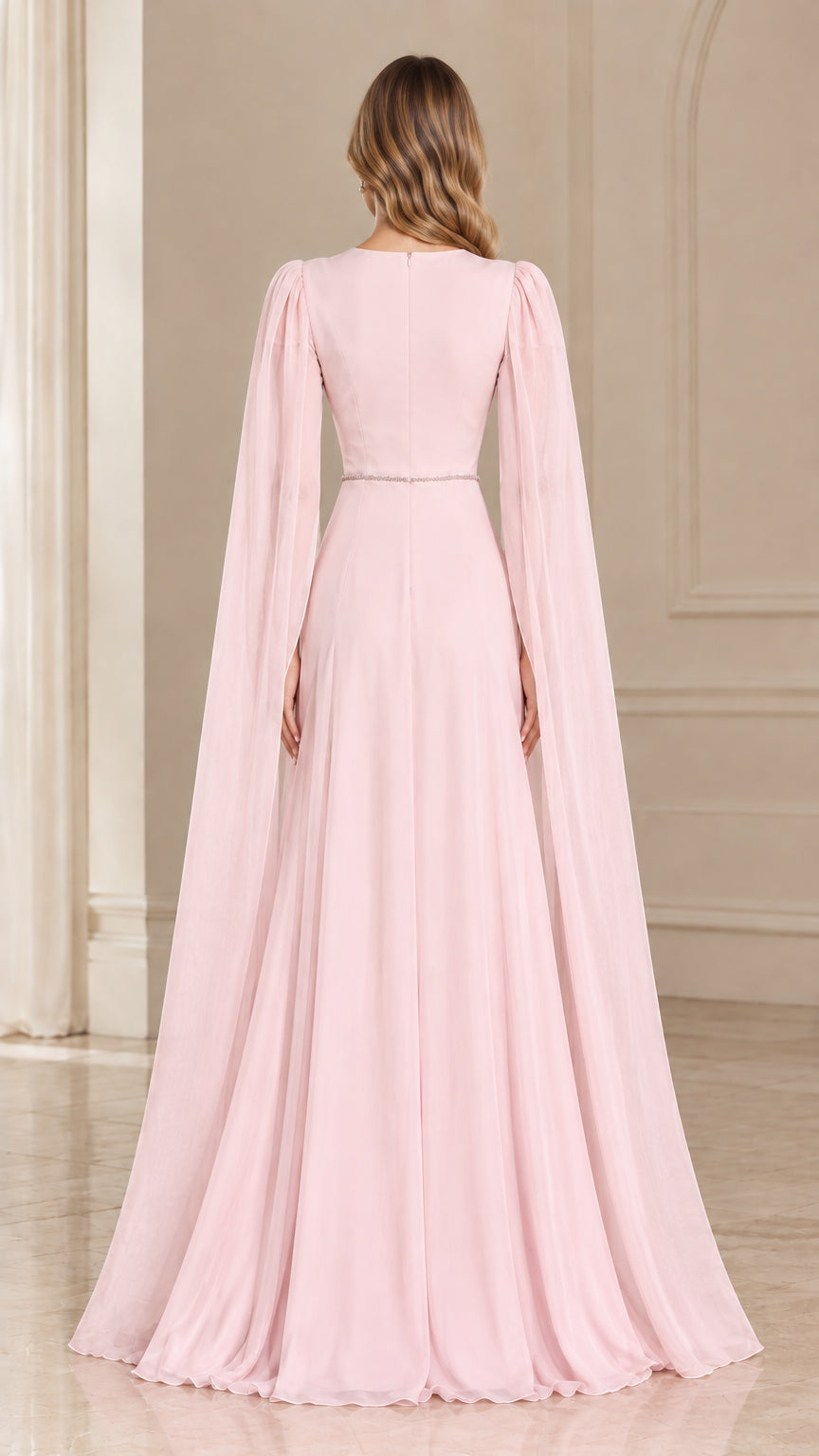 Back view of Blush Pink formal evening dress featuring cascading cape sleeves