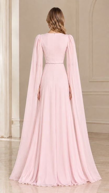 Back view of Blush Pink formal evening dress featuring cascading cape sleeves