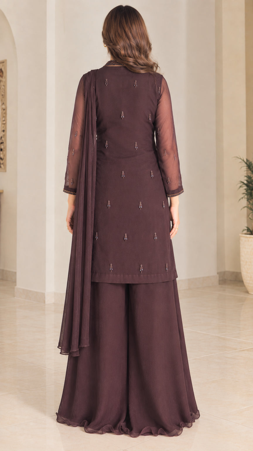 Chocolate brown straight kurti tunic and flared palazzo set back view