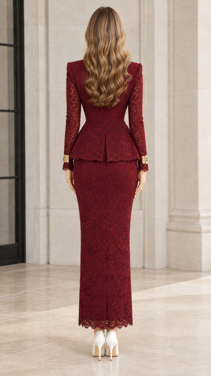 Back view of woman wearing tailored burgundy lace peplum formal dress