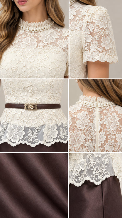Close-up details of pearl mock neckline, floral lace texture, waist belt, and satin fabric