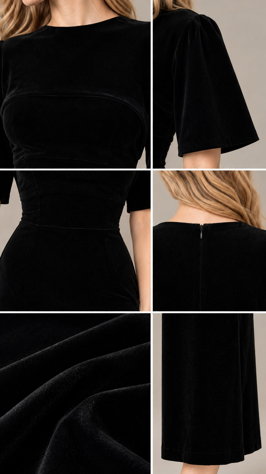 Detailed collage showing neckline, sleeve, back closure, and velvet texture