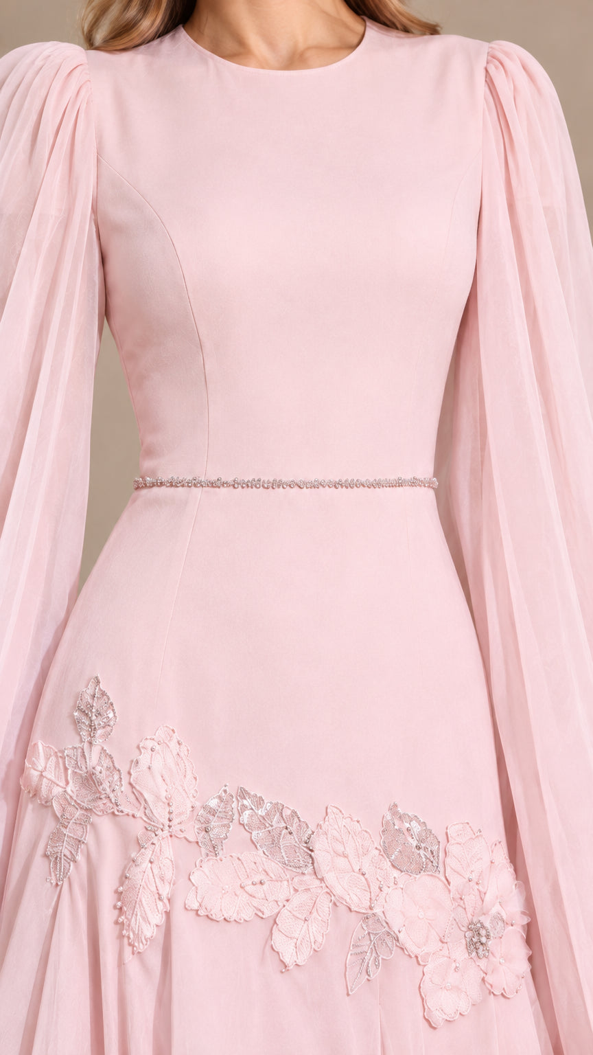 Close-up detail of Blush Pink bodice, delicate waist trim, and floral lace applique