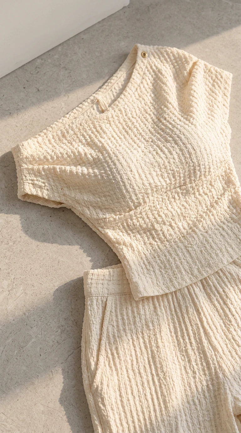 Close-up flat lay of cream textured knit fabric showing shoulder button and pocket detail