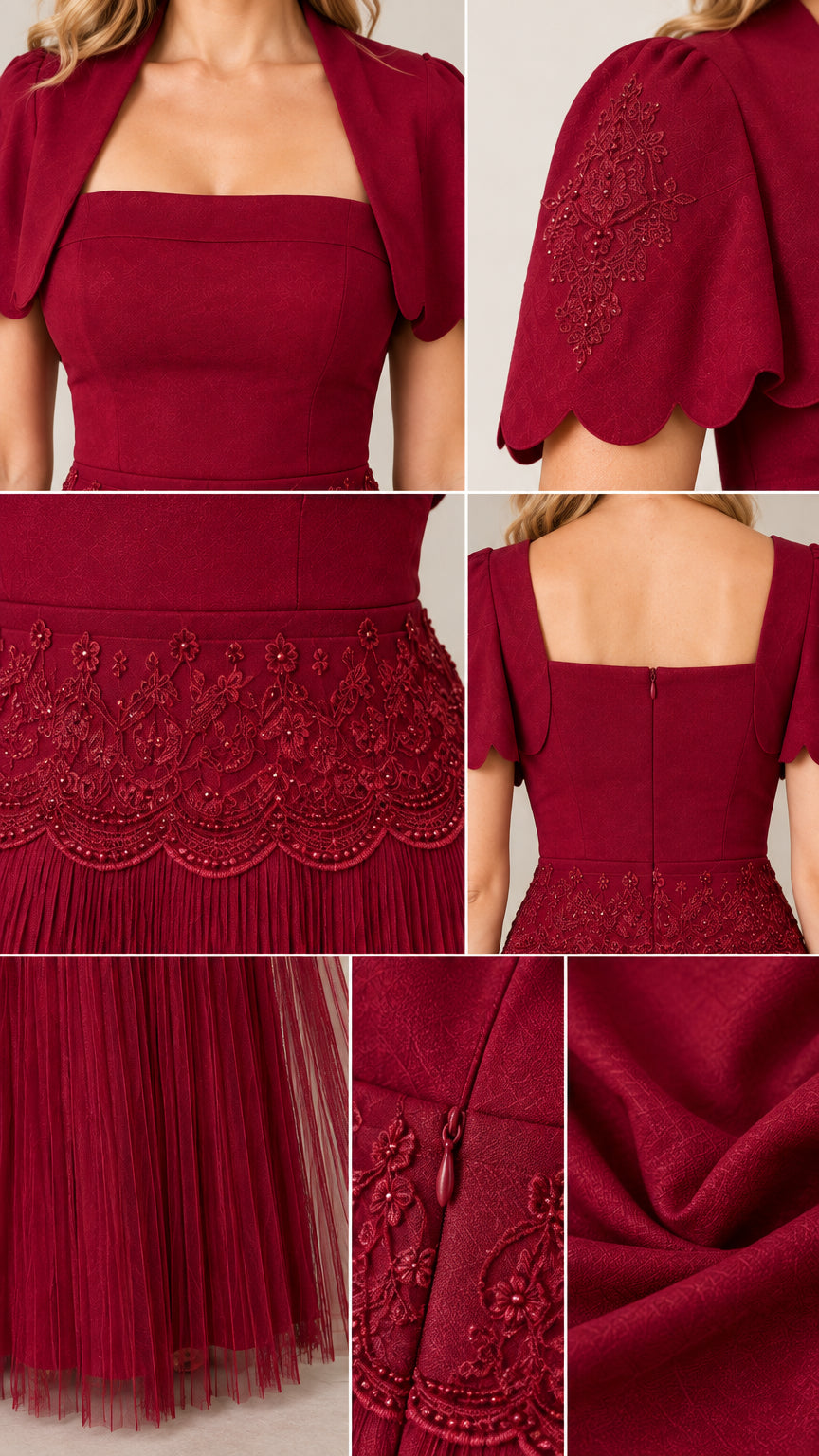Close-up details of burgundy dress neckline, embroidered waistband, pleated hem, and concealed zipper