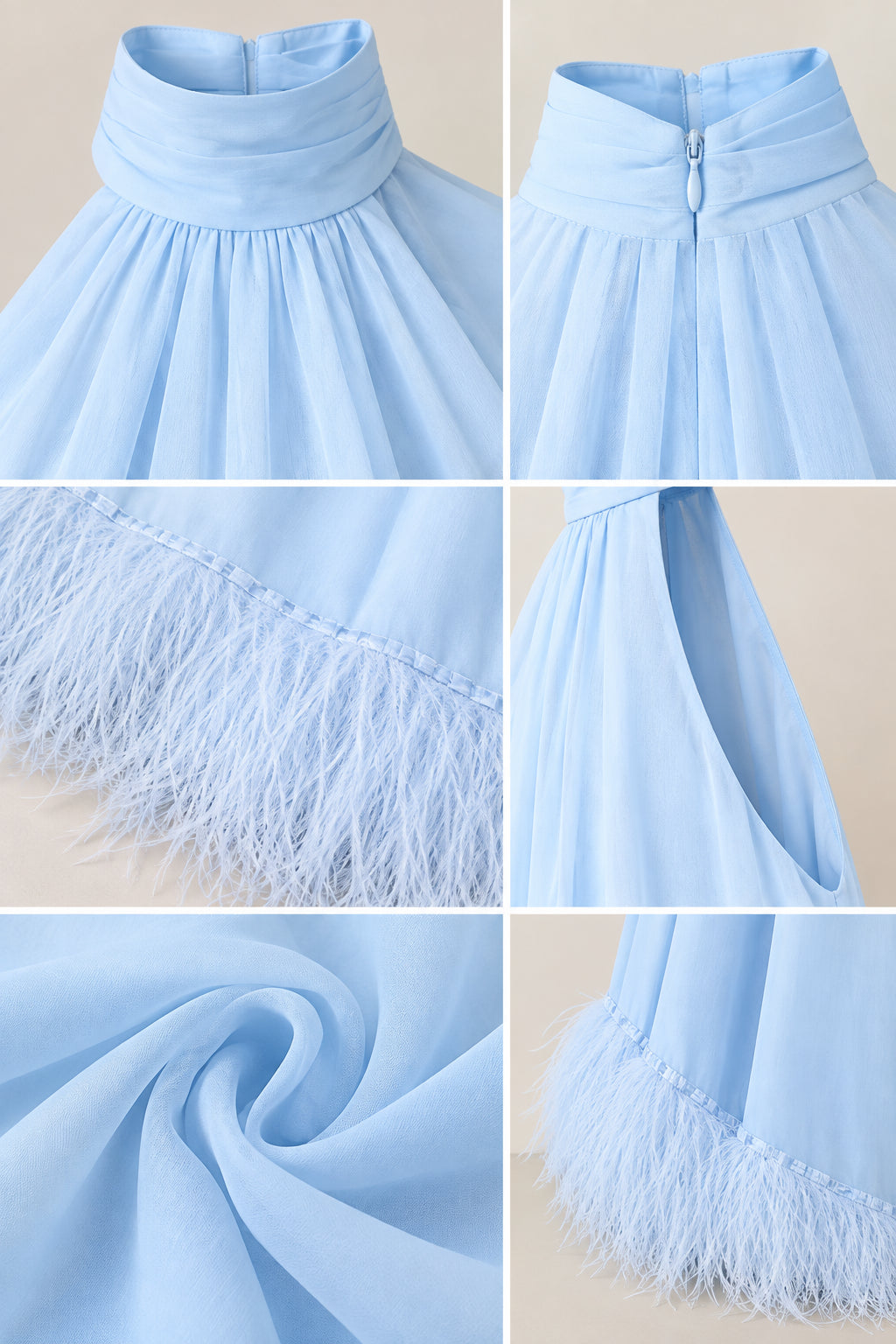 Close-up details of halter neck collar, back closure, and feather fringe trim