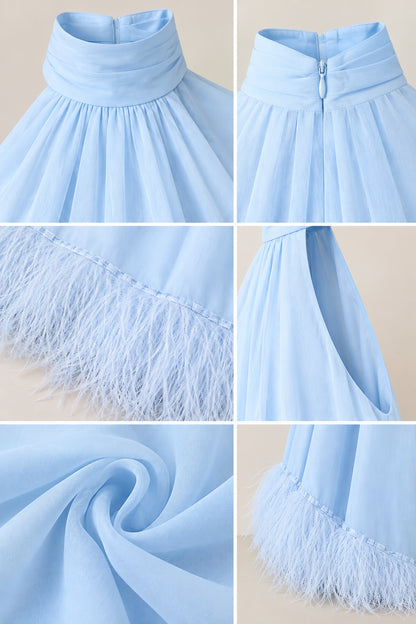 Close-up details of halter neck collar, back closure, and feather fringe trim