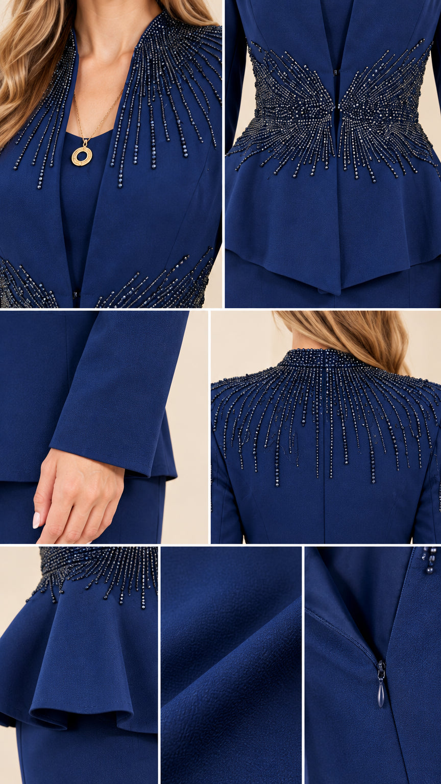 Close-up details of beaded neckline, waist embellishment, and zipper finish