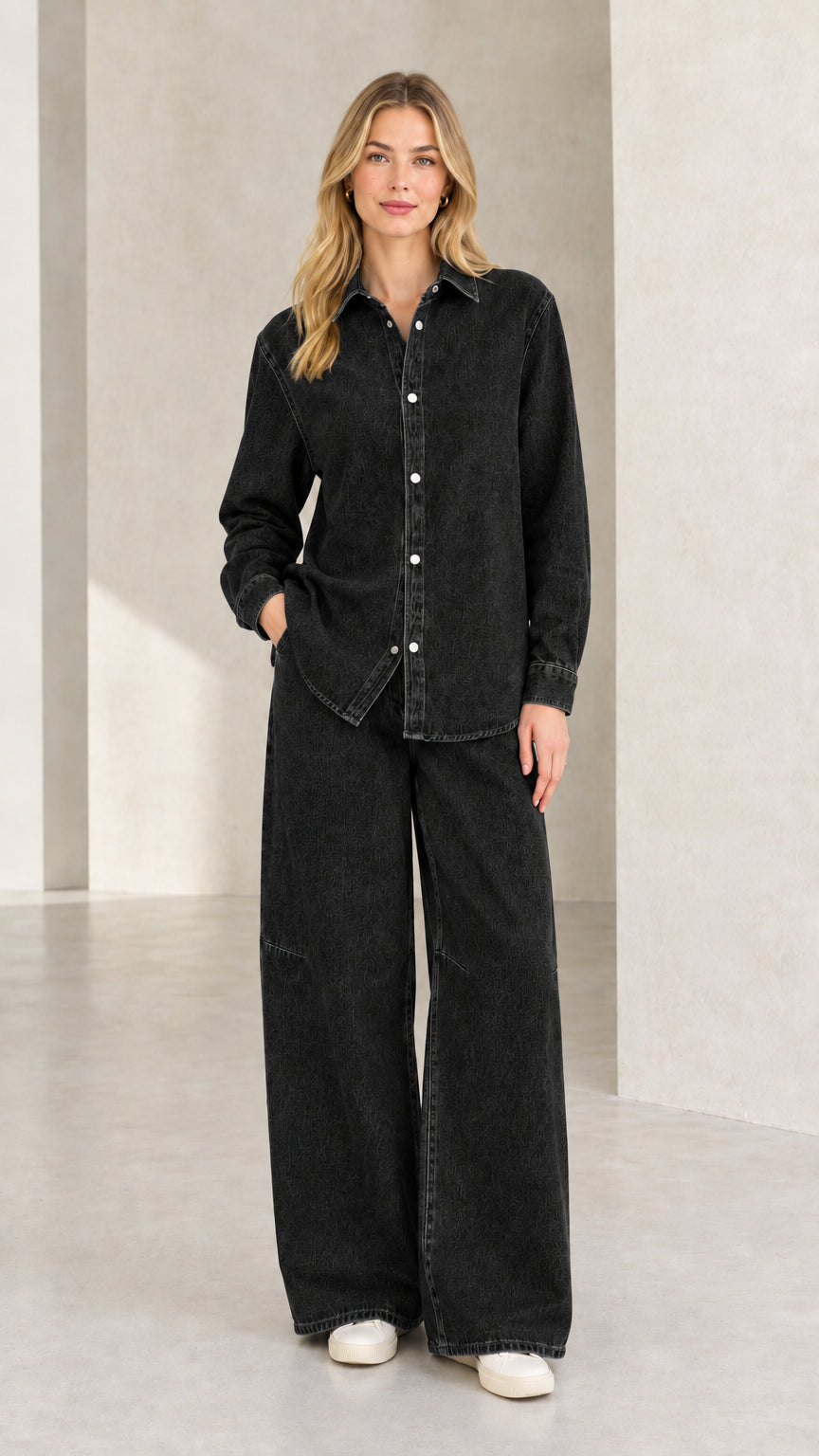 Full front view of washed black denim matching two-piece set