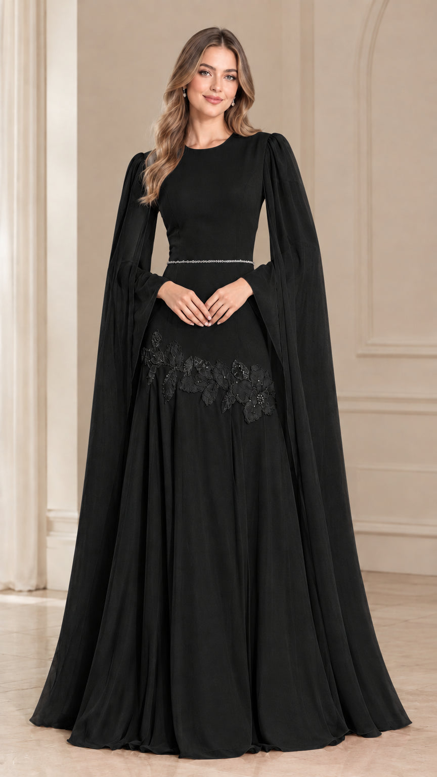 Model wearing Black cape sleeve formal maxi evening gown