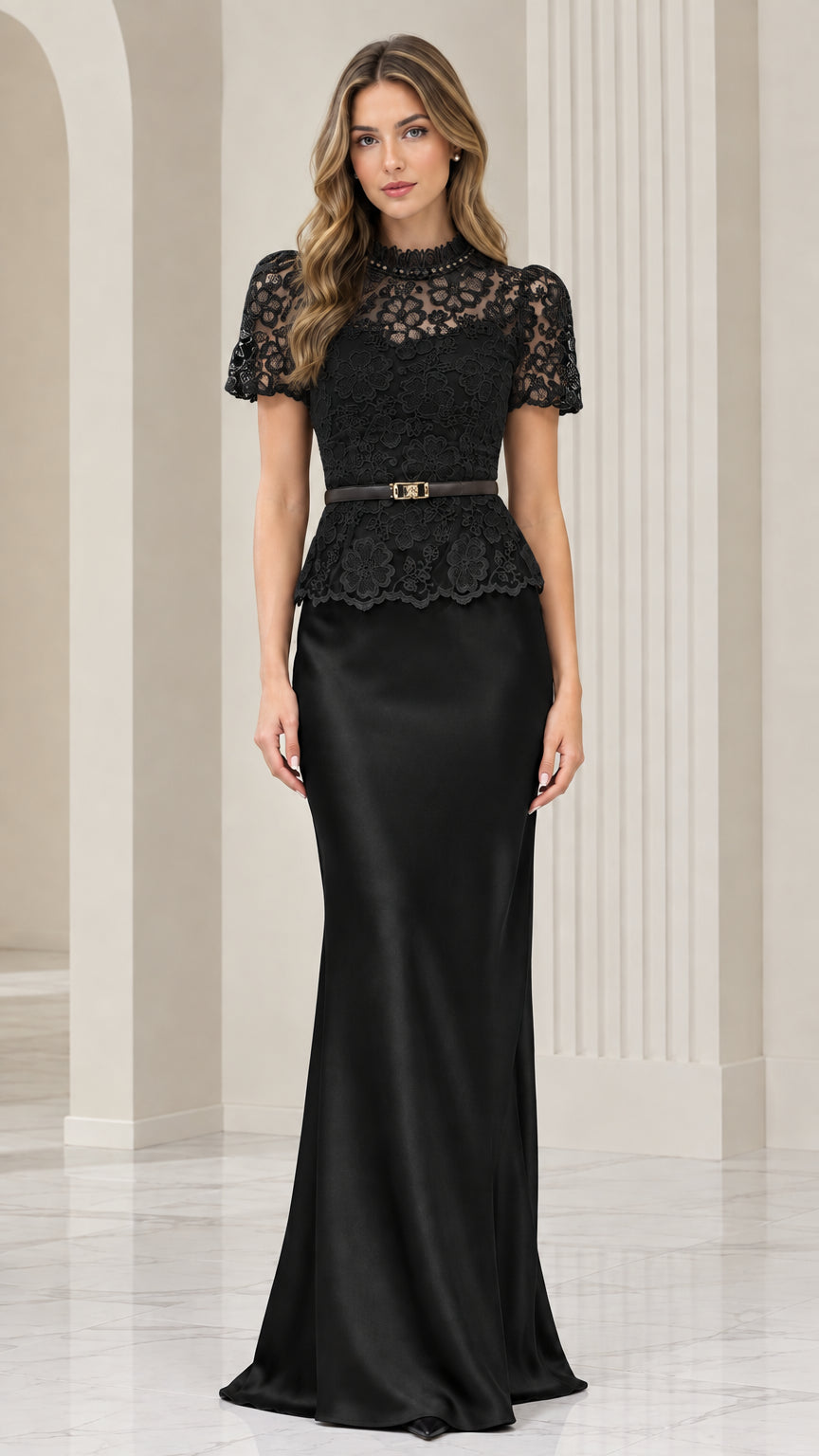 Front view of model wearing all-black lace mock neck belted satin evening gown