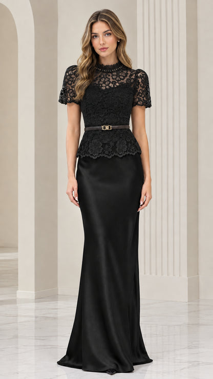 Front view of model wearing all-black lace mock neck belted satin evening gown